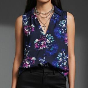 Ellen Tracy Floral Satin Draping Sleeveless Blouse